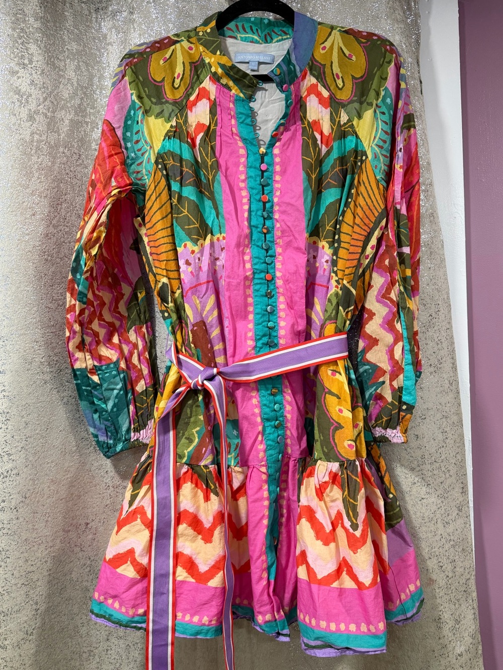 ANTONIO MELANI Pink Multicolor Floral & Stripe Belted Girls' Dress